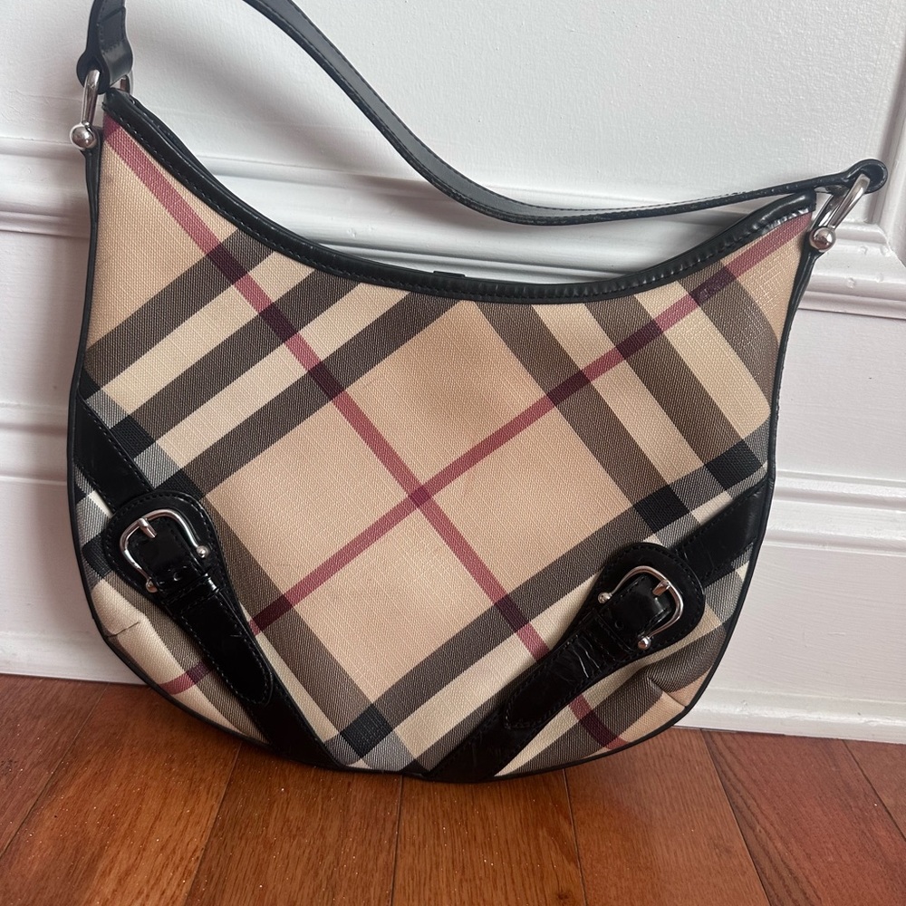 BURBERRY Large Larkin Hobo Handbag Tan SuperNova Check Black Patent - Picture 2 of 9